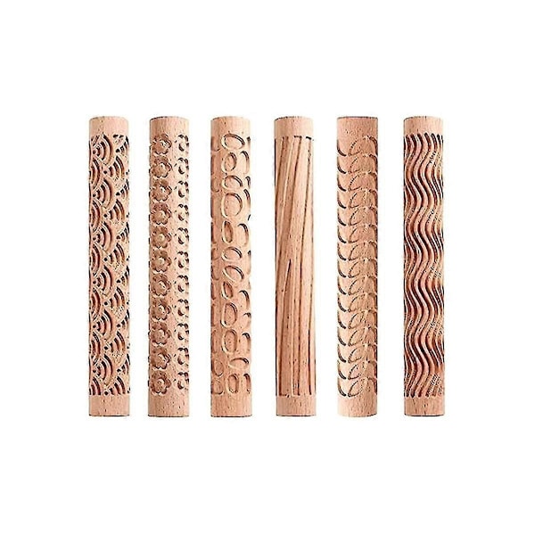 6 Trä Clay Modellering Mönster Rollers Kit, Clay Kavel Texturerad Hand Roller Trähandtag Keramik Verktyg Set