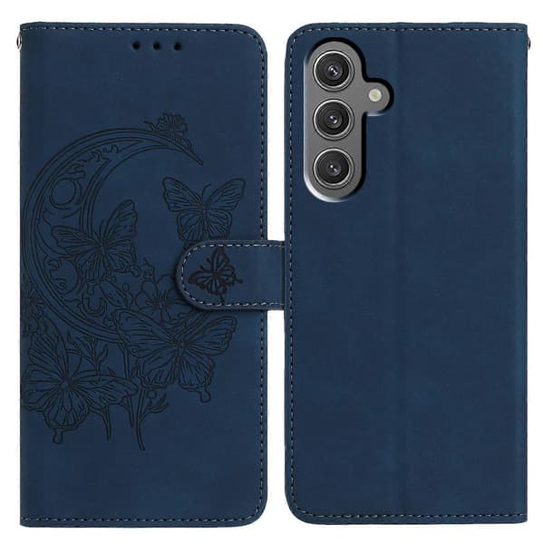 Etui til Samsung Galaxy A56 5G, sommerfugl blomst trykt PU læder pung stativ telefonbeskyttelse Blue