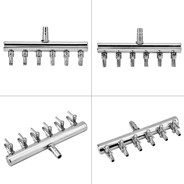 Akvarium fisketank luftstrømkontrollventil, rustfritt stål, 8 mm til 4 mm splitter 6 way