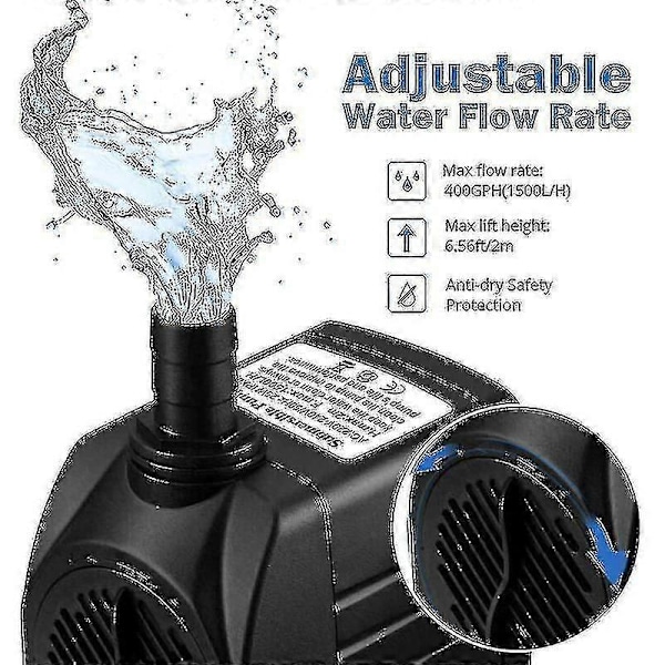 1500l/t Undervandspumpe, 25w Ultra Støjsvag Akvariepumpe Med 48 timers Tørkørsel, Fontænepumpe Med 1,5 m Strømkabel Og 2 Dyser, Vandpumpe Til A