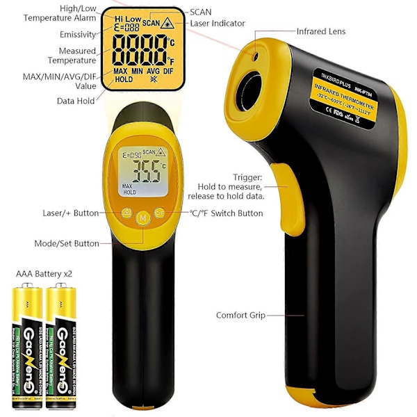 Infrarødt Termometer, INK-IFT04 Berøringsfritt Digitalt Industrielt Termometer -32 til 600 Alarm og Justerbar Emissivitet, Infrarødt Termometer for Kjøkken