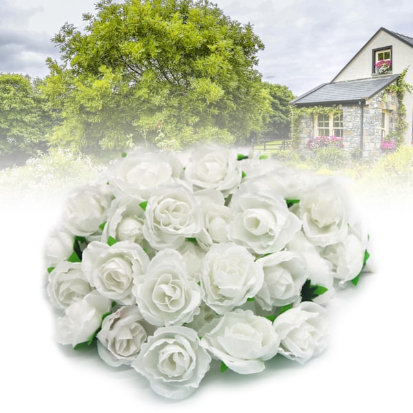 50 stk. kunstige rosehoder, dekorative, gjenbrukbare silkeblomster for bryllupsfest, hvite