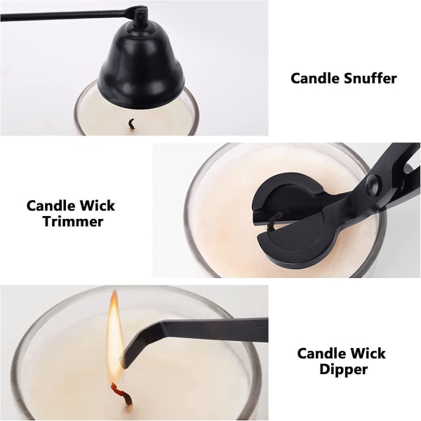 Musta 3-in-1 set, jossa on kynttilänleikkuri, nuuska ja dipper kynttilänharrastajille