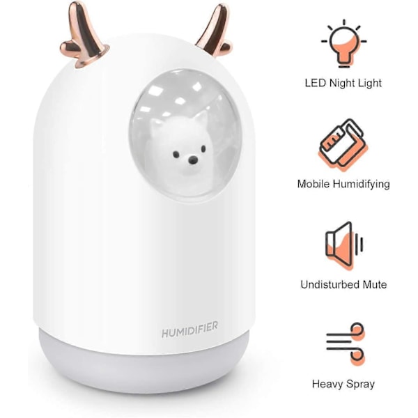 300 ml Mini Luftfugter, Støjsvag Luftfugter med LED-lys, USB Skrivebordsluftfugter Vandfri Auto Sluk for Hjem/Soveværelse/Kontor