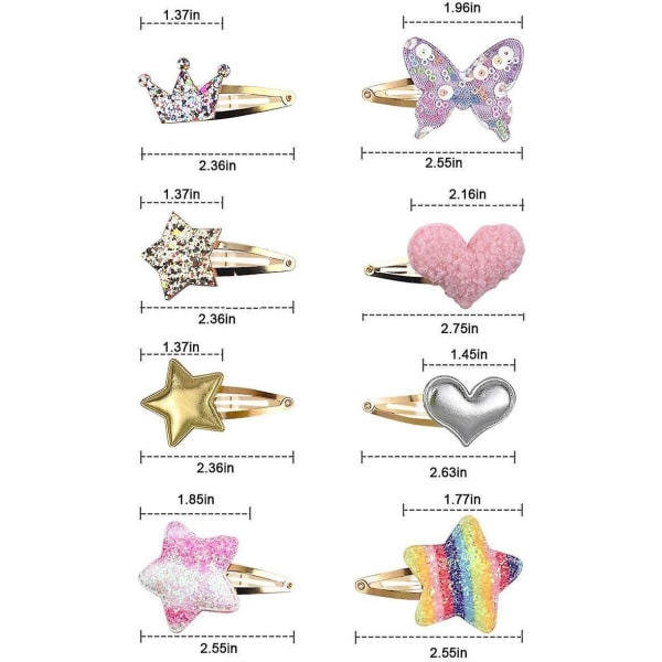 Glitter metall hårspännen för tjejer - 16 delar, stjärna/krona/hjärta/fjärilsformade - Kawaii tillbehör