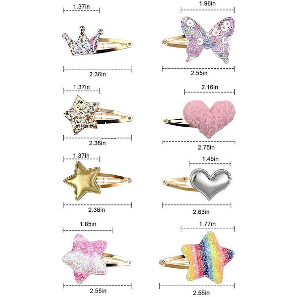 Glitter metall hårspenner for jenter - 16 deler, stjerne/krone/hjerte/sommerfuglformet - Kawaii tilbehør