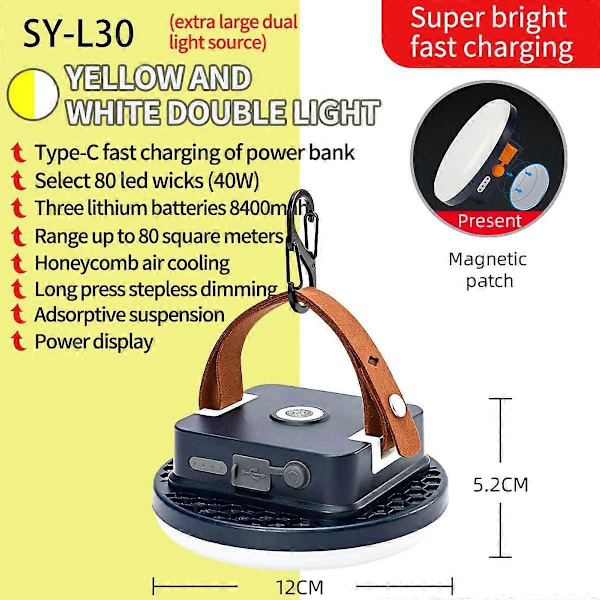 LED Campinglykta, Superstark, Portabel, Perfekt för Orkaner, Stormar, Strömavbrott, Nödsituationer, 40W Vattentät, Portabel, Uppladdningsbar Campinglampa