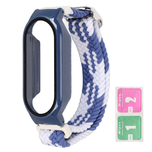 Mjuk nylonflätad klockarmband med stötfångarskydd skärmskyddsaccessoar passar för Mi Band 7 blå vit och blått fodral