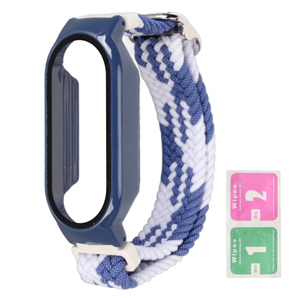 Soft Nylon Braided Watch Strap Band with Bumper Case Screen Protector Accessory Fit for Mi Band 7 Blue White and Blue Case