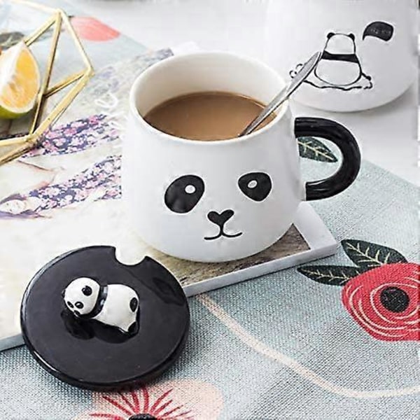 Kreativ håndmalet panda keramikkrus sødt tegneserie morgenmad vandkop krus med låg ske par fødselsdagsgave, med 3D panda låg og ske, 414 ml (14 oz)