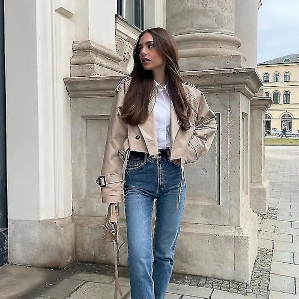 Khaki Cropped Trenchjacka med långa ärmar - Chic och casual damkappa M KHAKI