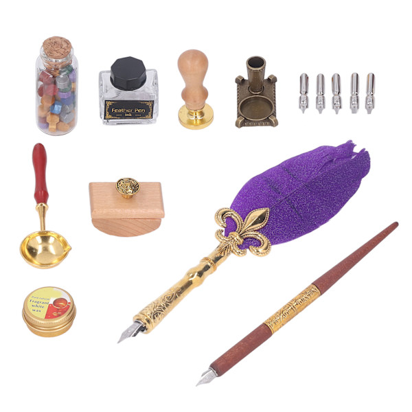 Fjäder Pen Set Retro Utsökt Quill Pen Spets Smältvax Sked Bas Bläck Stämpel Kalligrafi Pen Quill Pen Kit Lila
