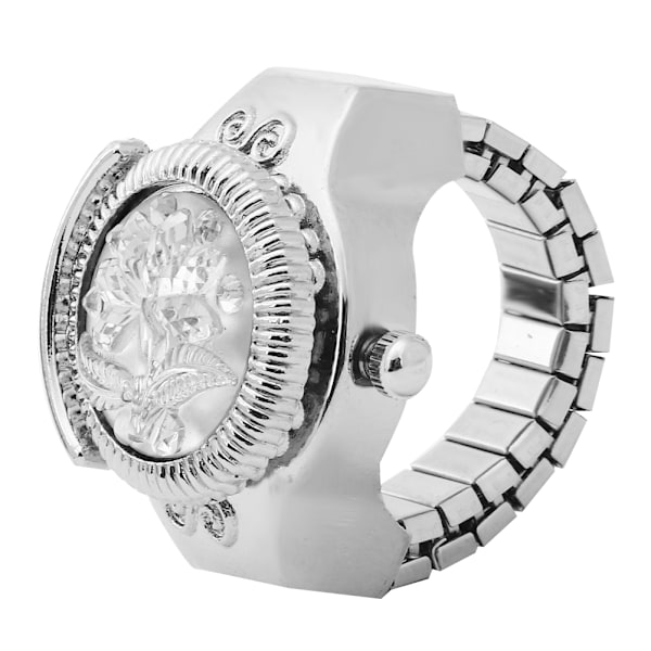 Finger Ring Watch Flip Up Cover Rund Rose Flower Women Finger Quartz Watch(Vit)