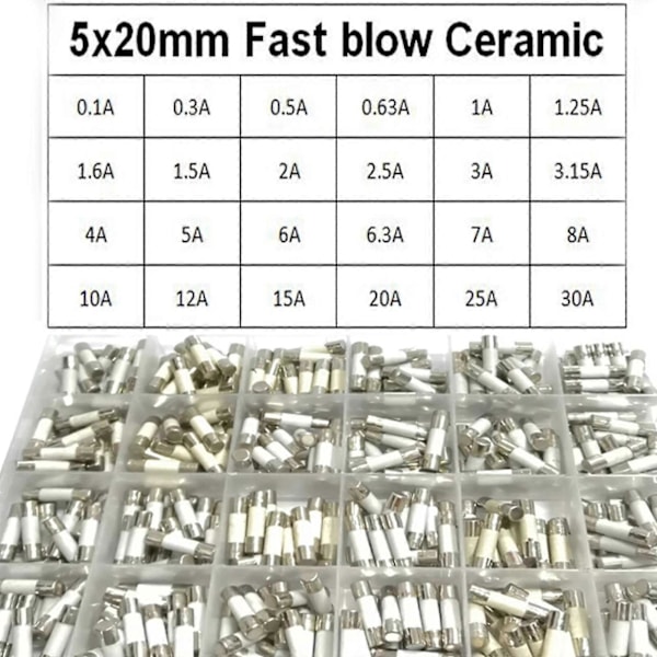 360 stk./æske 24 værdier 5x20mm Hurtig Keramisk Sikring 250v 0.1a 0.3a 0.5a 1a 1.5a 2a