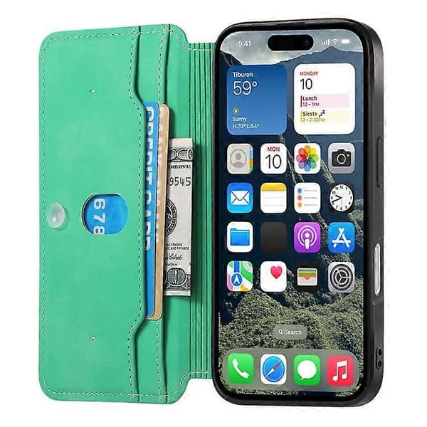 CASENEO Compatible with iPhone 16 Cross-Grain Leather Case Detachable Magnetic Phone Case Green