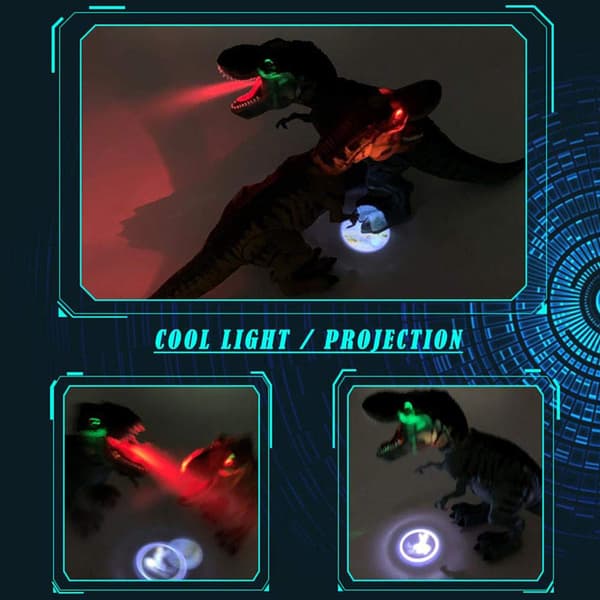 Elektronisk gående dinosaur med projeksjon, spraytåke og eggleggende dinosaurleke