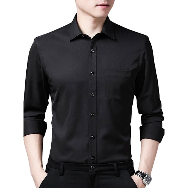 Herrkläder, Casual Slim Fit Svart Långärmad Knappskjorta