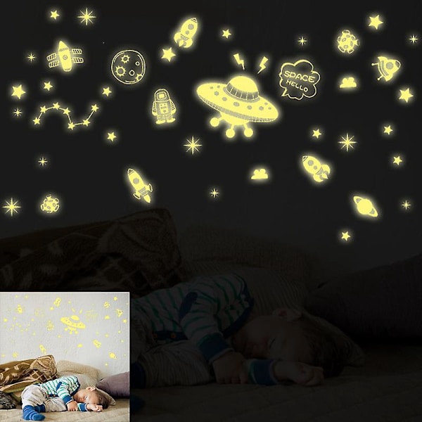 Väggdekaler självlysande stjärnor självhäftande barnrum väggdekaler linje stjärnhimmel, galax, rymdskepp, månstjärnor, fluorescerande väggdekaler barn