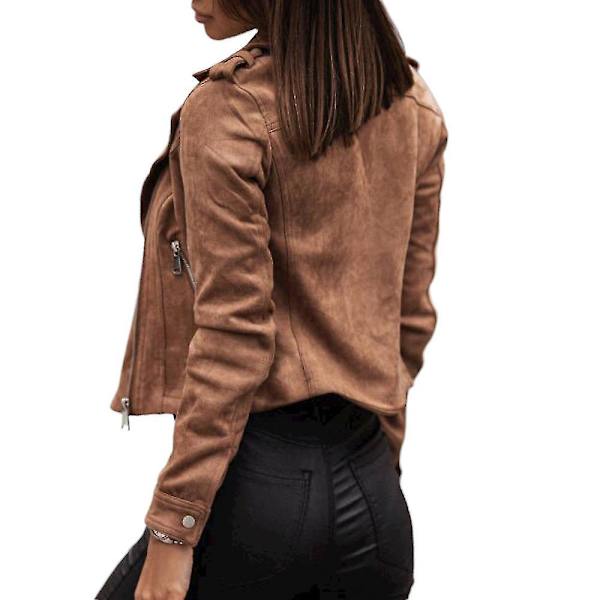 Khaki Kvinders Suede Motorcykel Bikerjakke, Lynlås, Afklippet Frakke (Størrelse 2XL)