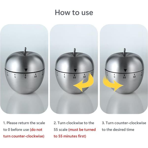 Æbleformet køkkenur, mekanisk roterende alarm, rustfrit stål, 60-minutters madlavningstimer