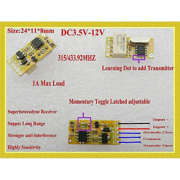 Mini RF Fjernbetjeningskontakt 433MHZ 4.2V 4.5V 5V 6V 7.4V 9V 12V Lille Relæ