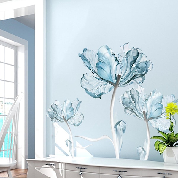 30*90cm*2 stk. Lyseblå Blomster Vægklistermærker Blå Blomst Vægklistermærker Stor Lotusblomst Vægklistermærke til Kvinder Stuer Soveværelser Kontorer Sofa Ba