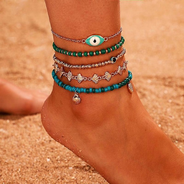 Simsly 5 Stk. Boho Ankelkæder Sæt Strand Perler Ankelkæder Legering Skal Ankelkæder Ris Perler Ankel Ondt øje p