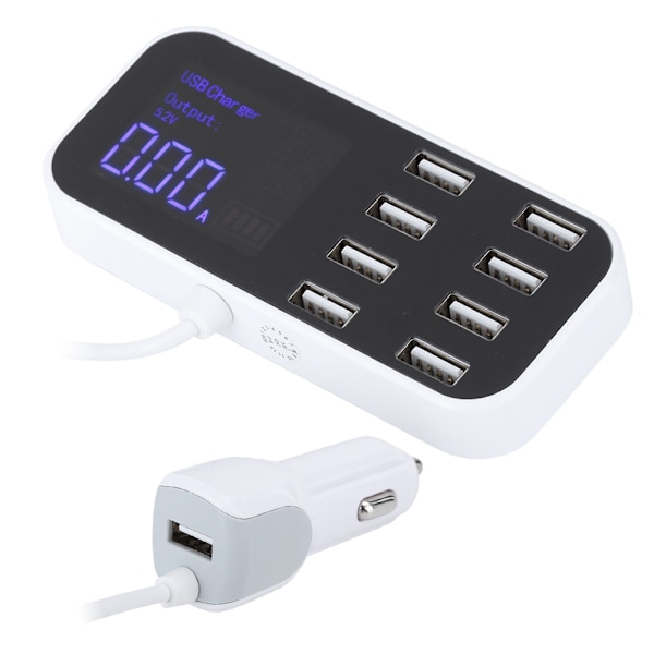 8 porter hurtigbillader, multippel USB-ladestasjon, digitalt display for IOS/Samsung