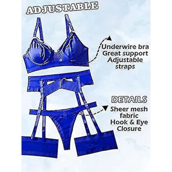 Strappy Lingerie Set med Strømpebånd, BH, Truser og Lårstropper M blå