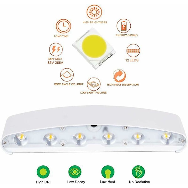 LED Indendørs Væglampe 12W Hvid Moderne Væglampe, IP65 Vandtæt Aluminium Udendørs Væglamper, Op Ned Spot Lampe til Stue Soveværelse Hall Trappe