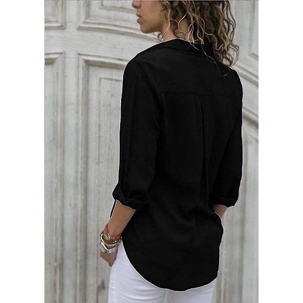 V-hals monokrom chiffonbluse - Dame langarmet topp XL svart