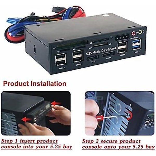 5.25 tommer Multi-Funktions USB 3.0 Hub CF TF M2 SD MS Kortlæser CD-ROM Frontpanel Media Dashboard SATA eSATA o Hovedtelefon Mikrofon