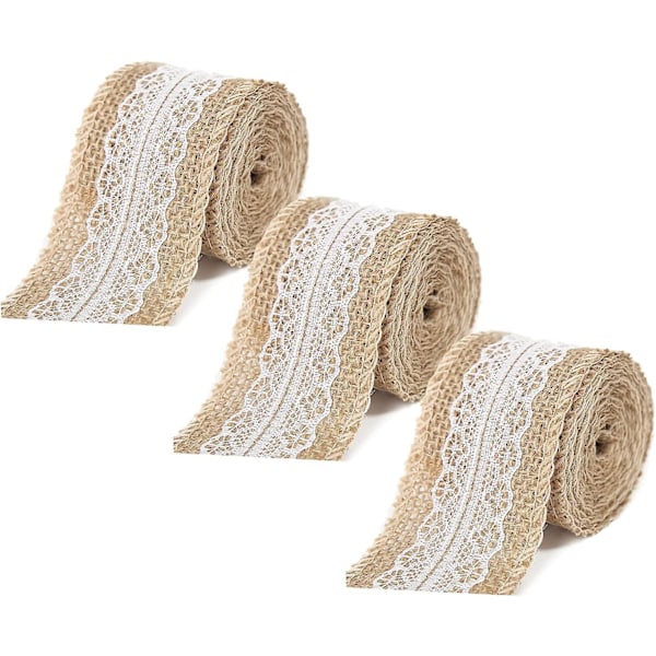 Naturlig Vit Juteväv Spets, 3 Rullar Juteväv Spetsband, Rullar Jute Spetsband, för DIY Bröllopsdekoration, Presentinslagning, Bröllopsdekor Hantverk (5cm*200cm)