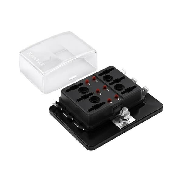 6-vejs blad sikringsboks blokholder med LED-advarselsindikator til bil, båd, autocamper, lastbil DC 10-32V