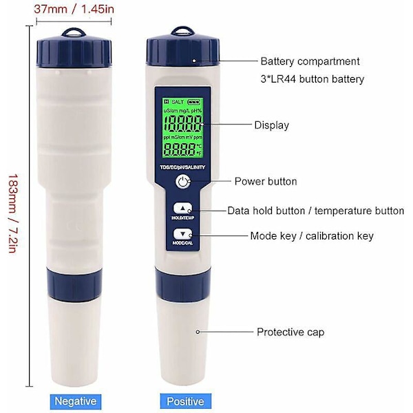 5-i-1 Elektronisk PH-mätare, Mäter Ph & TDS & EC Salthalt & Temperatur Vattenkvalitetstestare, LCD-display och Läsnoggrannhet, för Dricksvatten, A