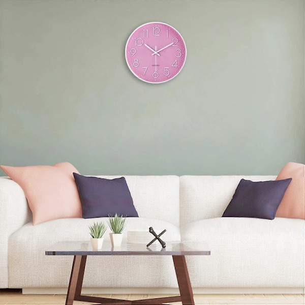 Pink Vægur til Børn og Piger, Moderne, Lydløs Pendul med 3D Tal, Letlæseligt, Ikke-Tikkende Quartz, Dekorativt til Stue, Soveværelse