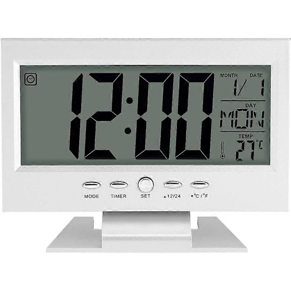 Stor LCD-skärm Digital Ljudsensor Skrivbordsväckarklocka (Silver) med Smart Nattlampa och Snooze T
