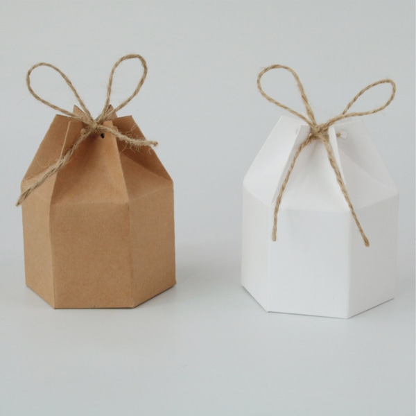 50 st Hexagonal Godis Behandla Box Utsökt Presentförpackning Box för Bröllop Födelsedagsfest Baby Shower Vitt Papper