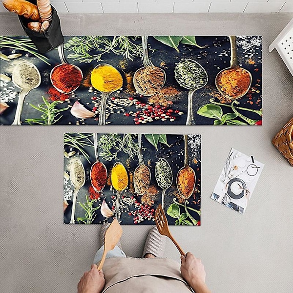 Kjøkkenmatte, bestikk og krydder sklisikker kjøkkenmatte, absorberende matte foran, maskinvaskbar gulvmatte for stue, 40 * 60 + 40 * 120cm