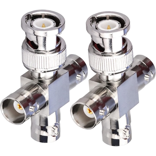 2-pack BNC hane till 3 hona T-typ RF koaxialkontakter, 4-vägs splitter koaxialadapter för sändnings-/förlängningskabel, T-formade BNC T-anslutningar