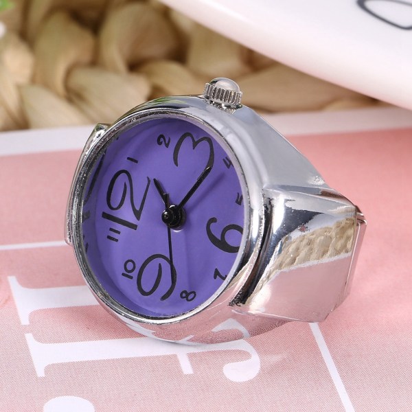 1 Stk Fasjonable Kvinner Menn Kvarts Analog Rund Finger Ring Love Watch (lilla)