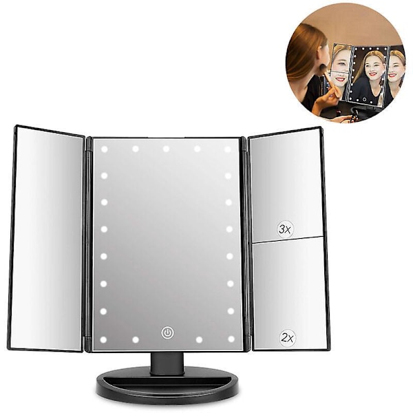 Sminkspegel med 22 LED-lampor, sminkspegel med 2X/3X förstoring, pekskärm, bärbar belyst sminkspegel 180 graders rotation