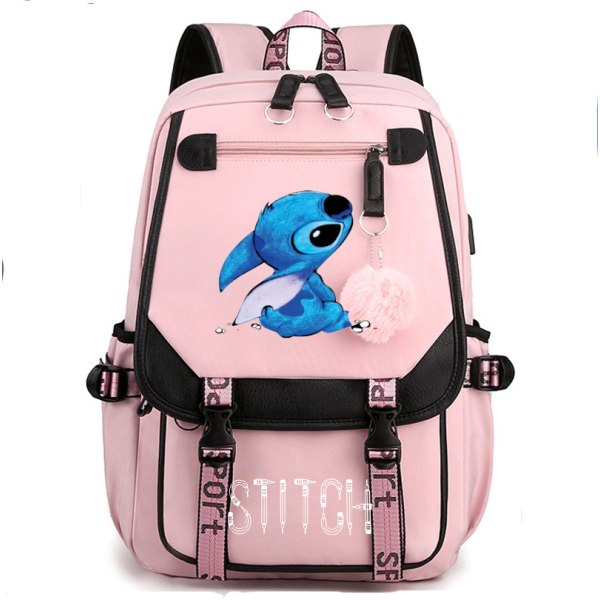 Ny Lilo & Stitch USB Laddningsväska Datorväska Resväska Casual Barnskolväska Student Skolväska Rosa pink
