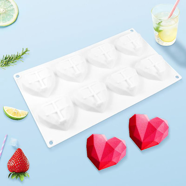 Silicone Heart Diamond Cake Mold Tray - 8 Cavities, for Baking Chocolate and Fondant