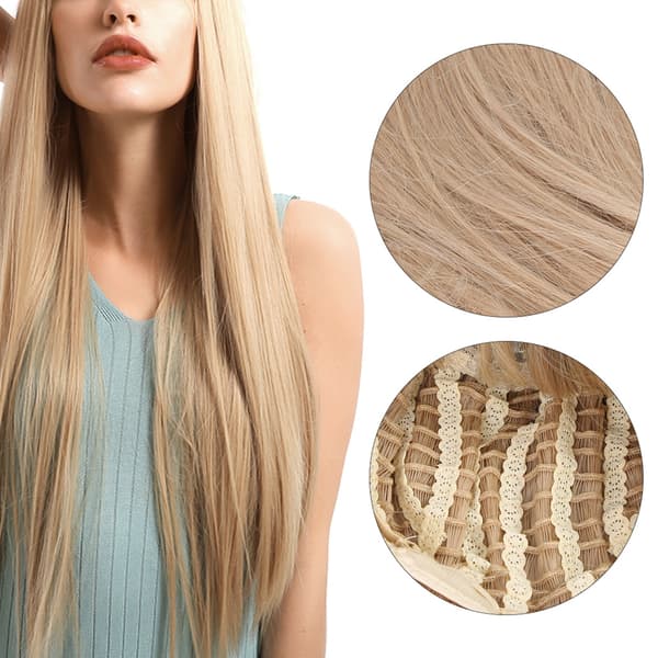 Blond Syntetisk Hår Front Lace Parykk med Lang Rett Pannelugg - 70cm