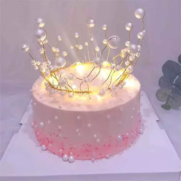 Håndlavet Happy Birthday Kagetopper med Hvid Perlekrone til Piger Bryllup Graduation Prinsesse Dronning Fest