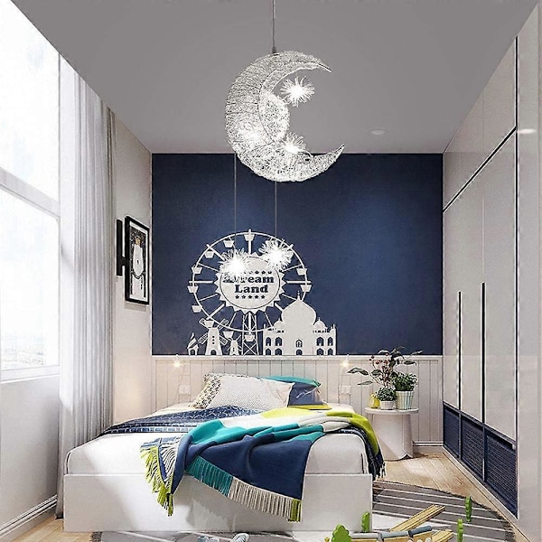 Nydelig Måne og Stjerne Fairy Light Pendel Hengende Aluminium Taklampe for Barnerom Stue
