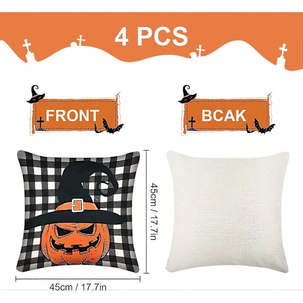 Sæt med 4 Halloween Pudebetræk 45x45 cm Linned Halloween Pude Betræk Hekseri Græskar Kranie Print Pudebetræk til Sofa Soveværelse Stue Halloween