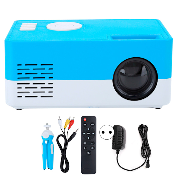 Mini bærbar projektor LED hjemmekino videomediespiller projektor med stativ 100‑240V hvit blå EU-plugg