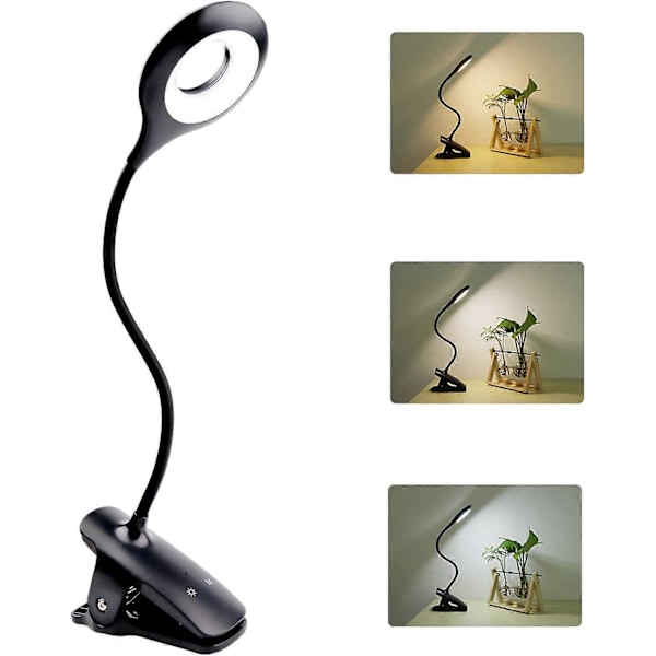 3W Oppladbar Trådløs LED Skrivebordslampe, 24 LED-er, Berørings Sengelampe med Klemme, 3 Farger og 3 Intensitet, Liten Leselampe for Lesing i Sengen, Bærbar Bl